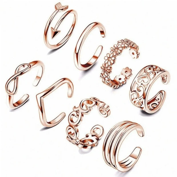 8 Pcs/Set Silver Color Toe Rings for Women Gold Color Adjustable Toe Rings Various Types Band Rings Open Ring Set Beach Jewelry