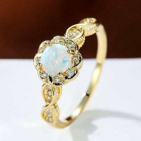 Platinum Round Opal Flower Ring